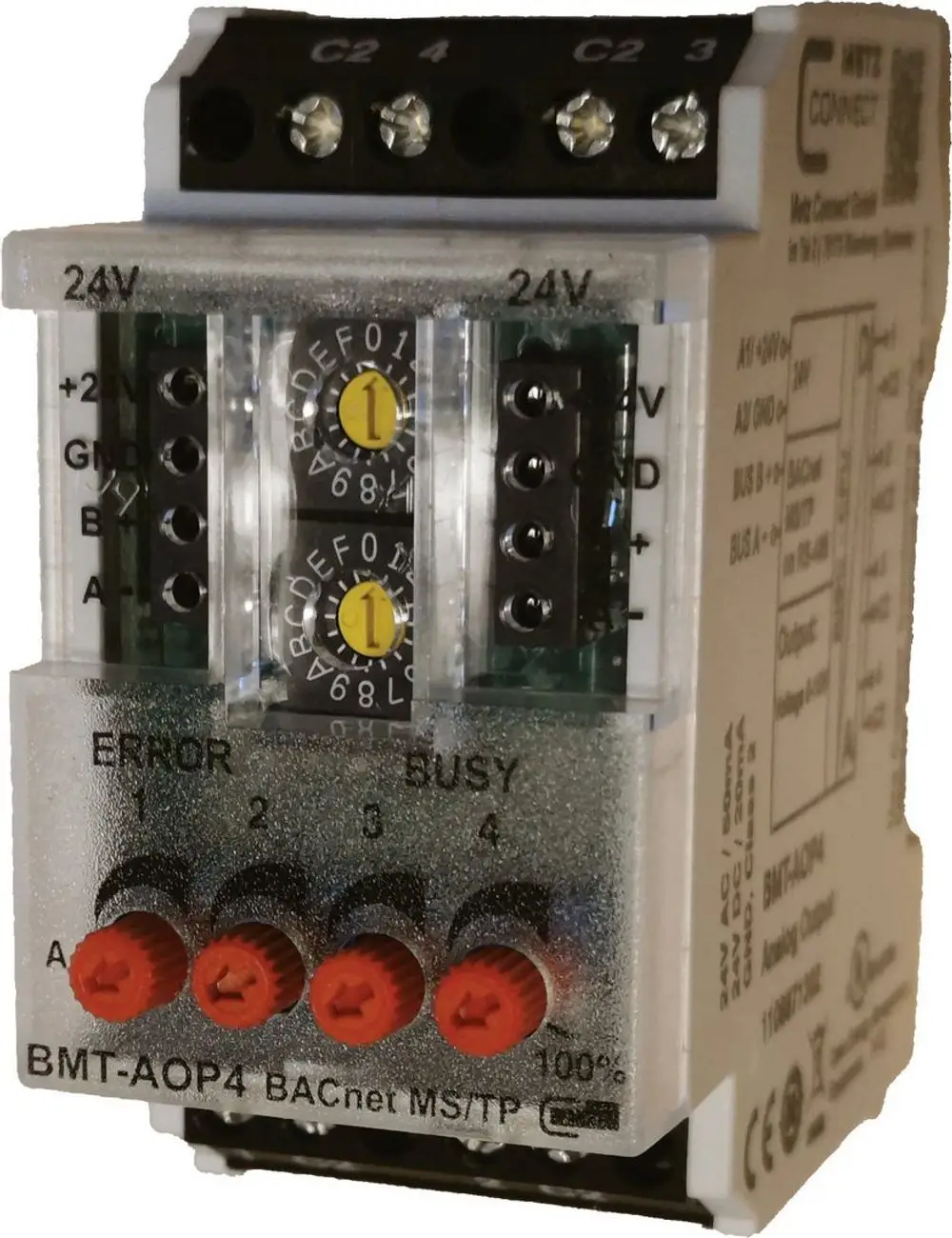 Montagegerät von Bosch mit vier Steuerkanälen und Anschlussklemmen, LED-Anzeigen für Fehler und Busy-Status, zur Regelung von Systemen.